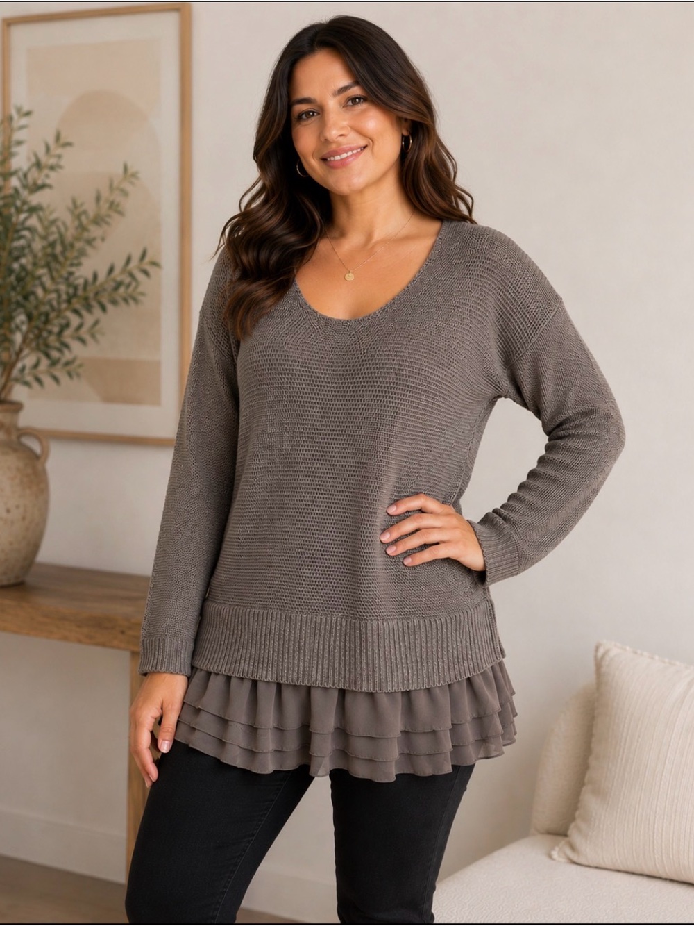 Soft Surroundings Women’s Small Brown Knit Sweater Ruffle Hem Layered Boho Tunic